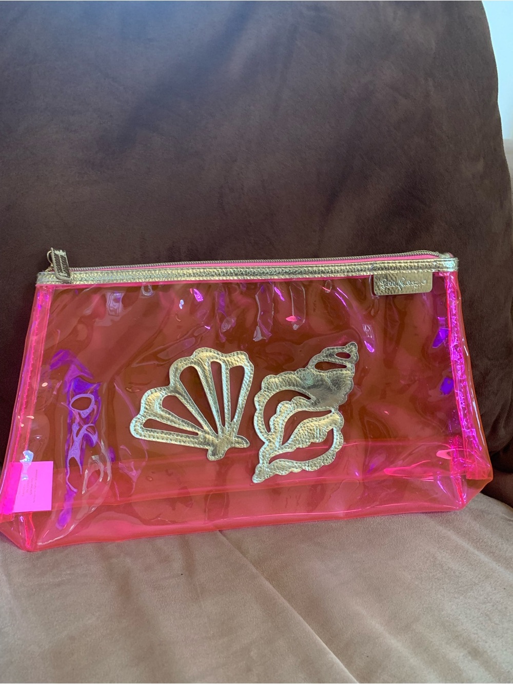 Lilly Pulitzer Pink Iridescent Cosmetic Bag with Gold Accent 13 1/2” X 7 1/2” 🐚